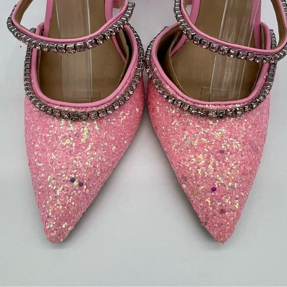 INC International Concepts Gylana Pink Glitter Mule Heels/Rhinestone Straps - Picture 3 of 15